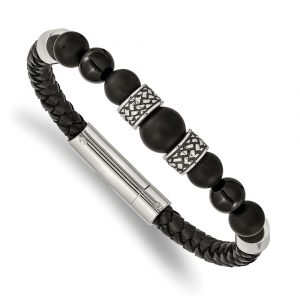 Stainless Steel Antiqued and Polished Black Agate Leather 8.25-inch Bracelet