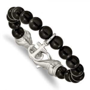 Stainless Steel Brushed Black Agate Beaded 8-inch Anchor Bracelet