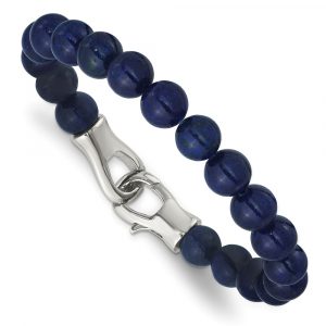 Stainless Steel Polished Genuine Lapis Beaded 9-inch Bracelet