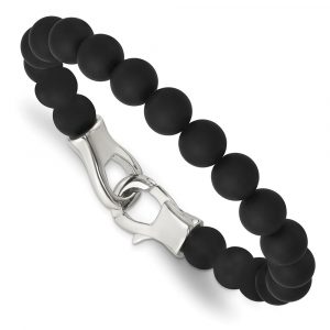 Stainless Steel Polished Black Agate Beaded 9-inch Bracelet