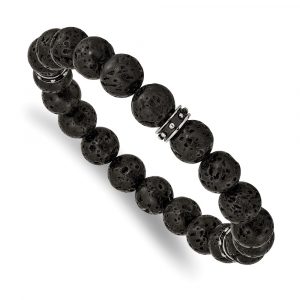 Stainless Steel Polished Black Enamel Lava Stone Beads Stretch Bracelet