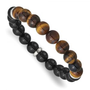 Stainless Steel Polished Black Agate and Tiger's Eye Stretch Bracelet