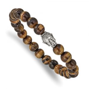 Stainless Steel Antiqued & Polished Tiger's Eye Buddha Stretch Bracelet