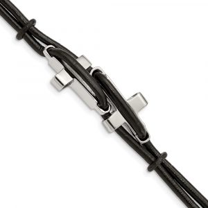 Stainless Steel Polished Crosses Black Leather 8.25-inch Bracelet