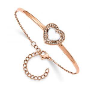 Stainless Steel Polished Rose IP White Enamel CZ Heart w/2-inch ext. Bracelet