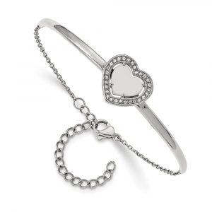 Stainless Steel Polished with CZ Heart 6.5-inch w/2-inch ext. Bar Bracelet