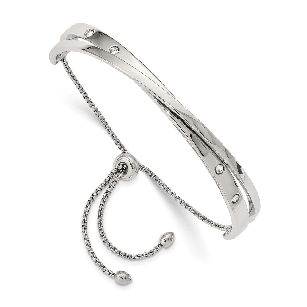 Stainless Steel Polished with Crystals Adjustable Bangle