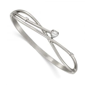 Stainless Steel Polished Heart CZ Hinged Bangle