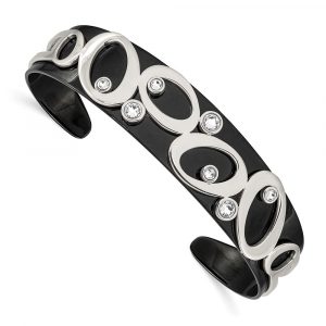 Stainless Steel 15mm Polished Black IP-plated w/Crystal Cuff Bracelet