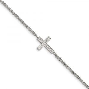 Stainless Steel Polished w/CZ Cross 6.25-inch w/2-inch ext. Bracelet