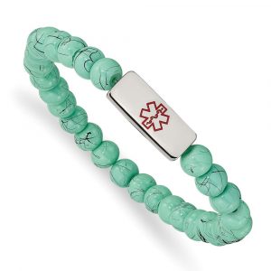 Stainless Steel Polished Enamel Medical ID Turquoise Glass Stretch Bracelet