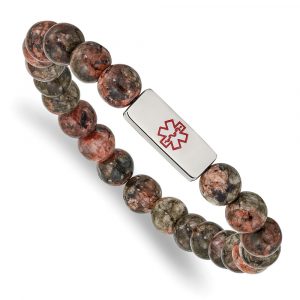 Stainless Steel Polished Enamel Medical ID Poppy Jasper Stretch Bracelet