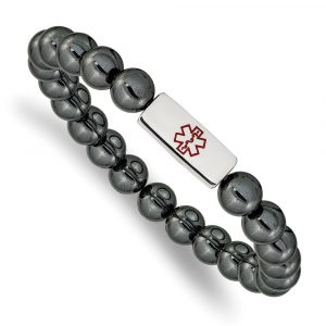 Stainless Steel Polished Enamel Medical ID Plate Hematite Stretch Bracelet