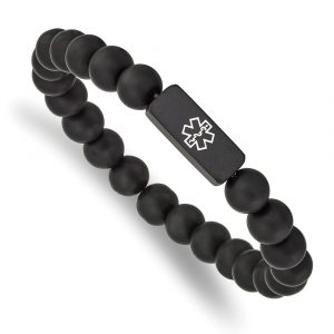 Stainless Steel Brushed Black IP Enamel Medical Blk Agate Stretch Bracelet