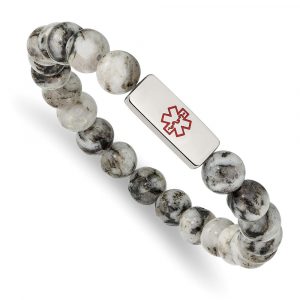 Stainless Steel Polished Enamel Medical ID Lotus Jasper Stretch Bracelet