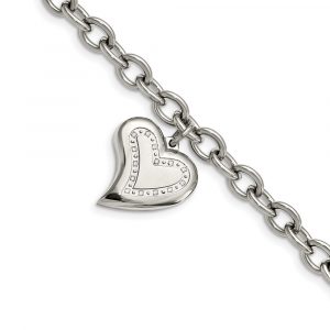 Stainless Steel Polished w/CZ Heart Charm 7.5-inch Bracelet