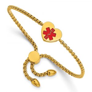 Stainless Steel Polished Yellow IP/Red Enamel Heart Medical ID Adj. Bracele