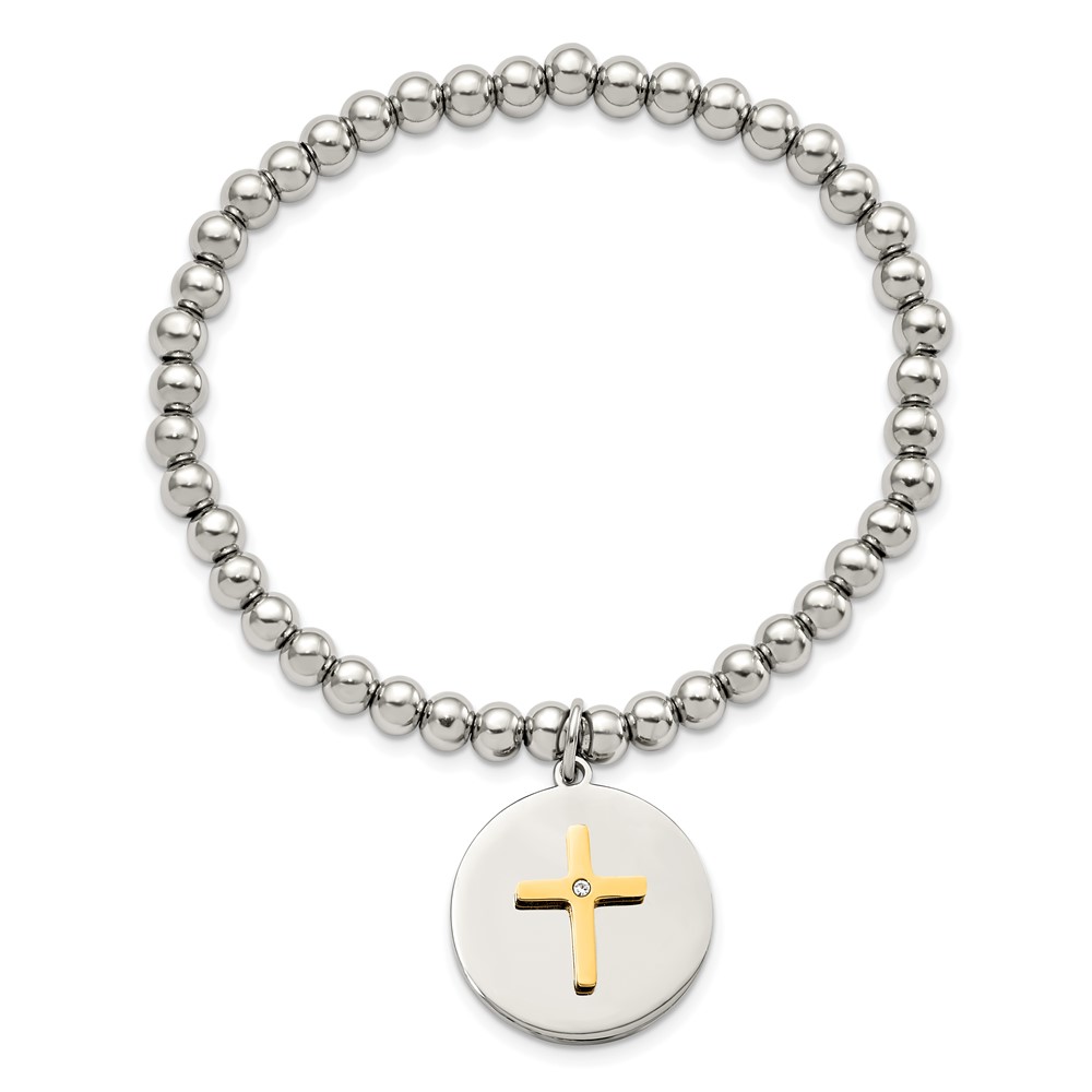 Stainless Steel Polished Yellow IP Cross w/Crystal FAITH Stretch Bracelet - Image 4