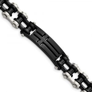 Stainless Steel Polished Black IP-plated Cross 9-inch ID Bracelet