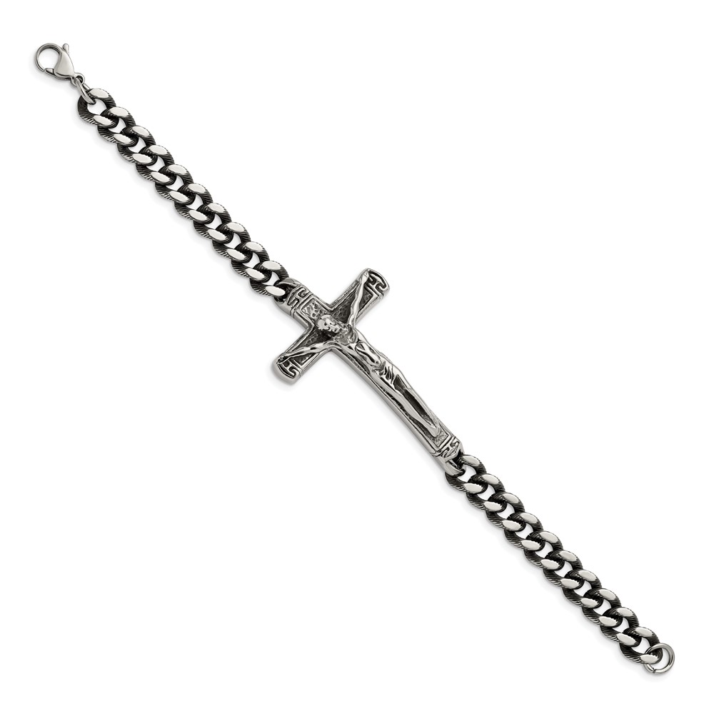 Stainless Steel Antiqued and Polished Crucifix 8.75-inch Bracelet - Image 2