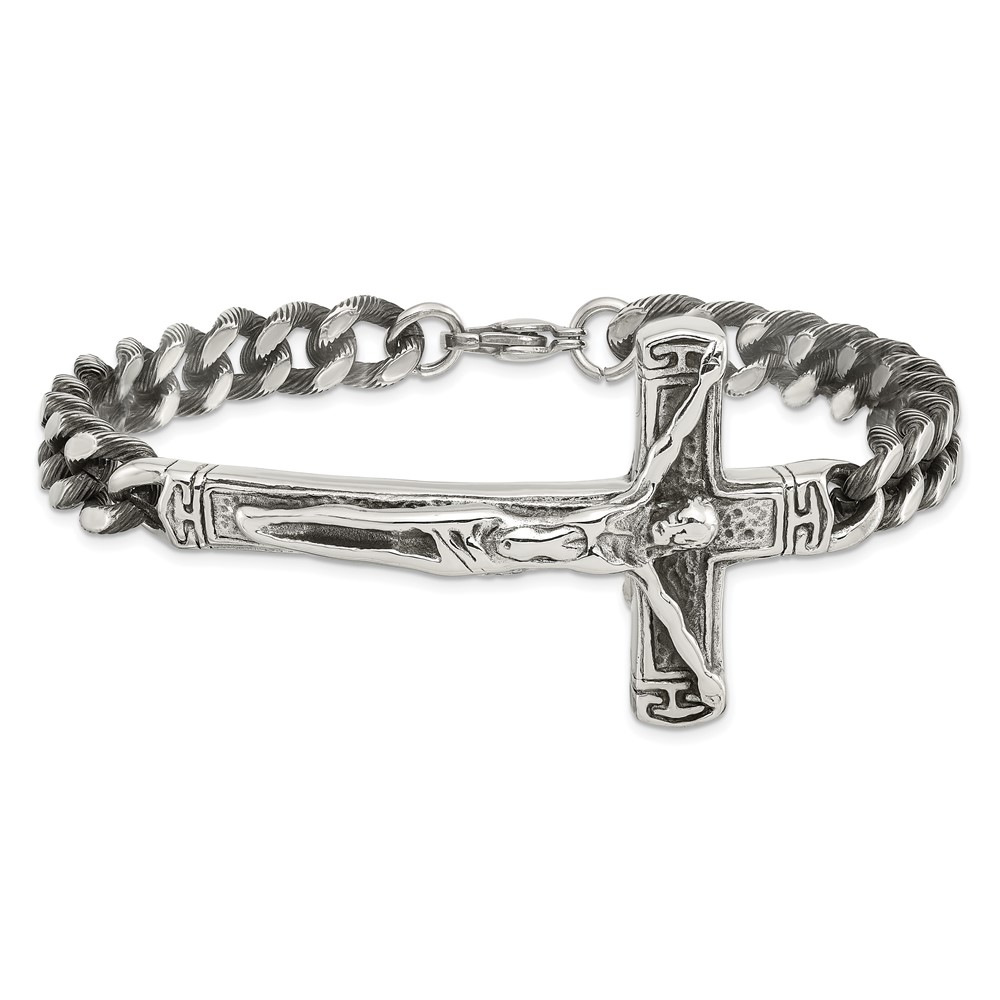 Stainless Steel Antiqued and Polished Crucifix 8.75-inch Bracelet - Image 3