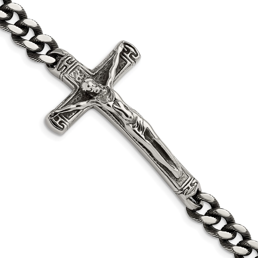 Stainless Steel Antiqued and Polished Crucifix 8.75-inch Bracelet