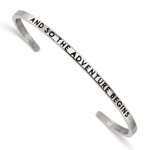 Stainless Steel Polished Enamel/Crystal ADVENTURE BEGINS 3mm Bangle