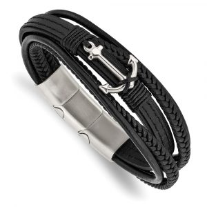 Stainless Steel Polished Anchor Genuine/PU Leather w/.5-inch ext Bracelet