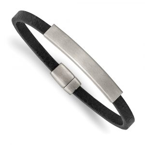 Stainless Steel Brushed Textured Black PU Leather 8.25-inch ID Bracelet