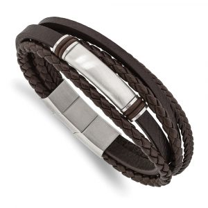 Stainless Steel Brushed Brown PU Leather & Rubber 8-inch w/.5-inch ext Bracelet