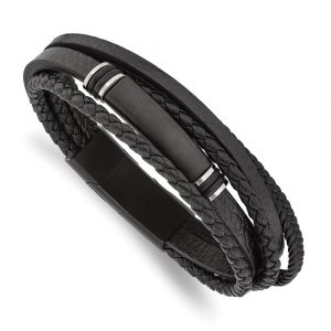 Stainless Steel Brushed Black IP PU Leather/Rubber 8-inch w/.5-inch ext Bracelet