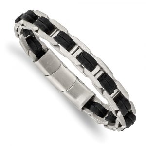 Stainless Steel Brushed with Black PU Leather 7.75-inch w/.5-inch ext Bracelet