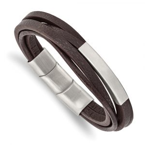 Stainless Steel Brushed Brown PU Leather Multi-Strand w/.5-inch ext Bracelet