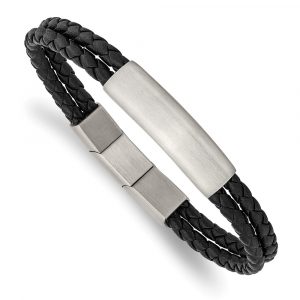 Stainless Steel Brushed Braided Black Leather 8-inch + .5-inch Bracelet