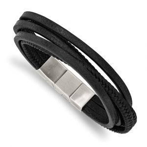Stainless Steel Polished Black PU Leather Multi Strand w/.5-inch ext Bracelet