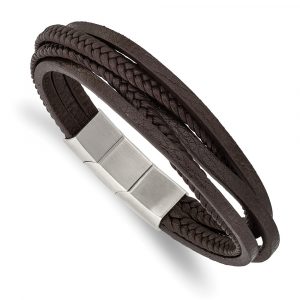 Stainless Steel Polished Brown PU Leather Multi Strand w/.5-inch ext Bracelet