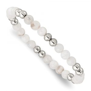 Stainless Steel Polished White Moonstone Beaded Stretch Bracelet