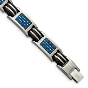 Titanium Polished w/Blue Carbon Fiber Inlay & Rubber 8.5-inch Bracelet