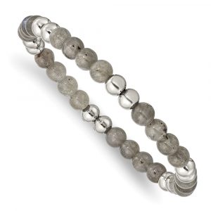 Stainless Steel Polished Grey Quartz Beaded Stretch Bracelet