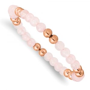 Stainless Steel Polished Rose IP-plated Pink Quartz Beaded Stretch Bracelet