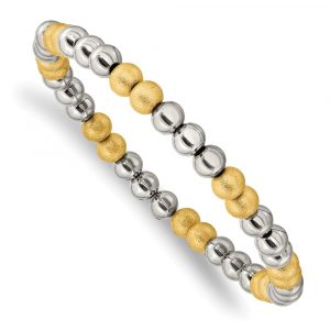 Stainless Steel Polished Yellow IP Sandblasted Beaded Stretch Bracelet
