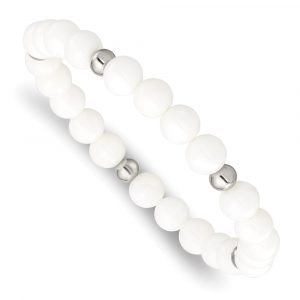 Stainless Steel Polished White Ceramic Beaded Stretch Bracelet