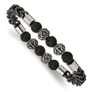 Stainless Steel Antiqued/Polished Black IP Cha-inch Lava Stone Stretch Bracel