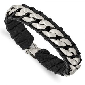 Stainless Steel Brushed Cha-inch and Black Leather 8.5-inch Bracelet