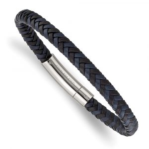 Stainless Steel Polished Black and Blue Braided Leather 8.25-inch Bracelet