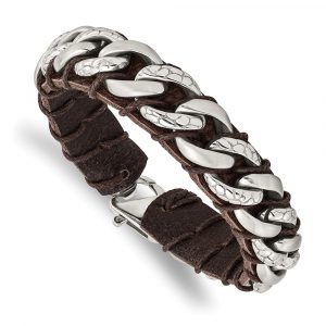 Stainless Steel Brushed Polished & Textured Brown Leather 8.5-inch Bracelet