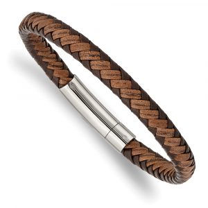 Stainless Steel Polished Brown Braided Leather 8.25-inch Bracelet