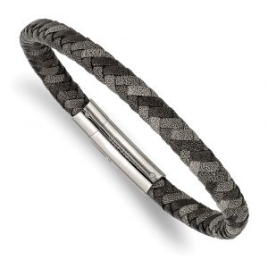 Stainless Steel Polished Black and Grey Braided Leather 8.25-inch Bracelet