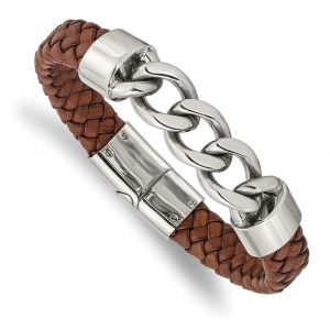 Stainless Steel Polished Cha-inch and Brown Leather 8.25-inch Bracelet