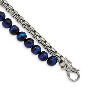 Stainless Steel Polished Box Cha-inch & Blue Tiger's Eye 2 Strand 8.5-inch Bracel